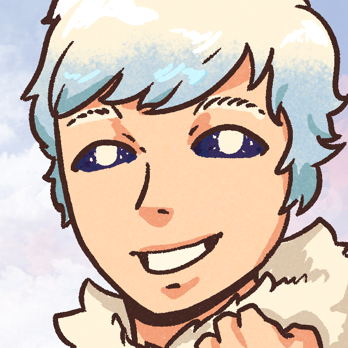 A headshot art of a humanoid with silver-blue hair, dark sclera in their eyes, and white-light irises, they grin at the 'camera'.
